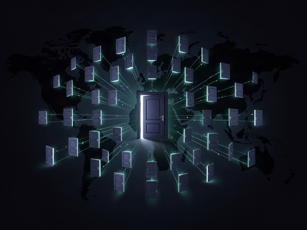 Uma porta se abrindo em várias portas menores irradiando por um mapa-múndi, representando um novo canal de distribuição multiplicando alcance