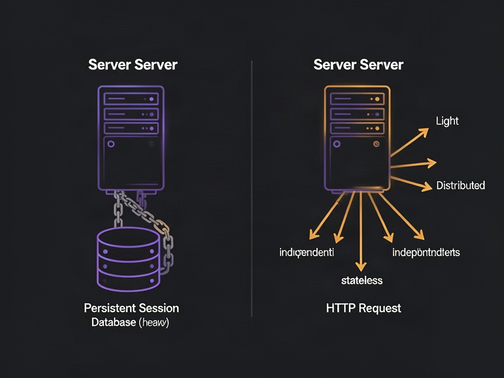 Diagrama comparando um servidor stateful com sessão persistente ao lado de um servidor stateless recebendo requisições HTTP independentes
