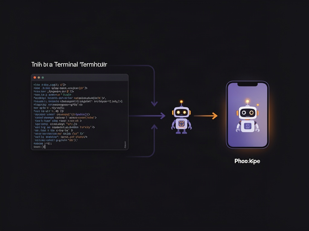 Dois caminhos: um levando a uma janela de terminal, outro a um ícone de app simples, ambos chegando a um agente de IA