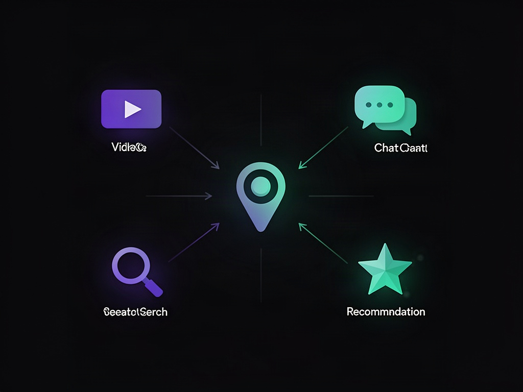 Vários formatos de conteúdo diferentes — vídeo, texto, busca, recomendação — todos apontando para um mesmo destino central