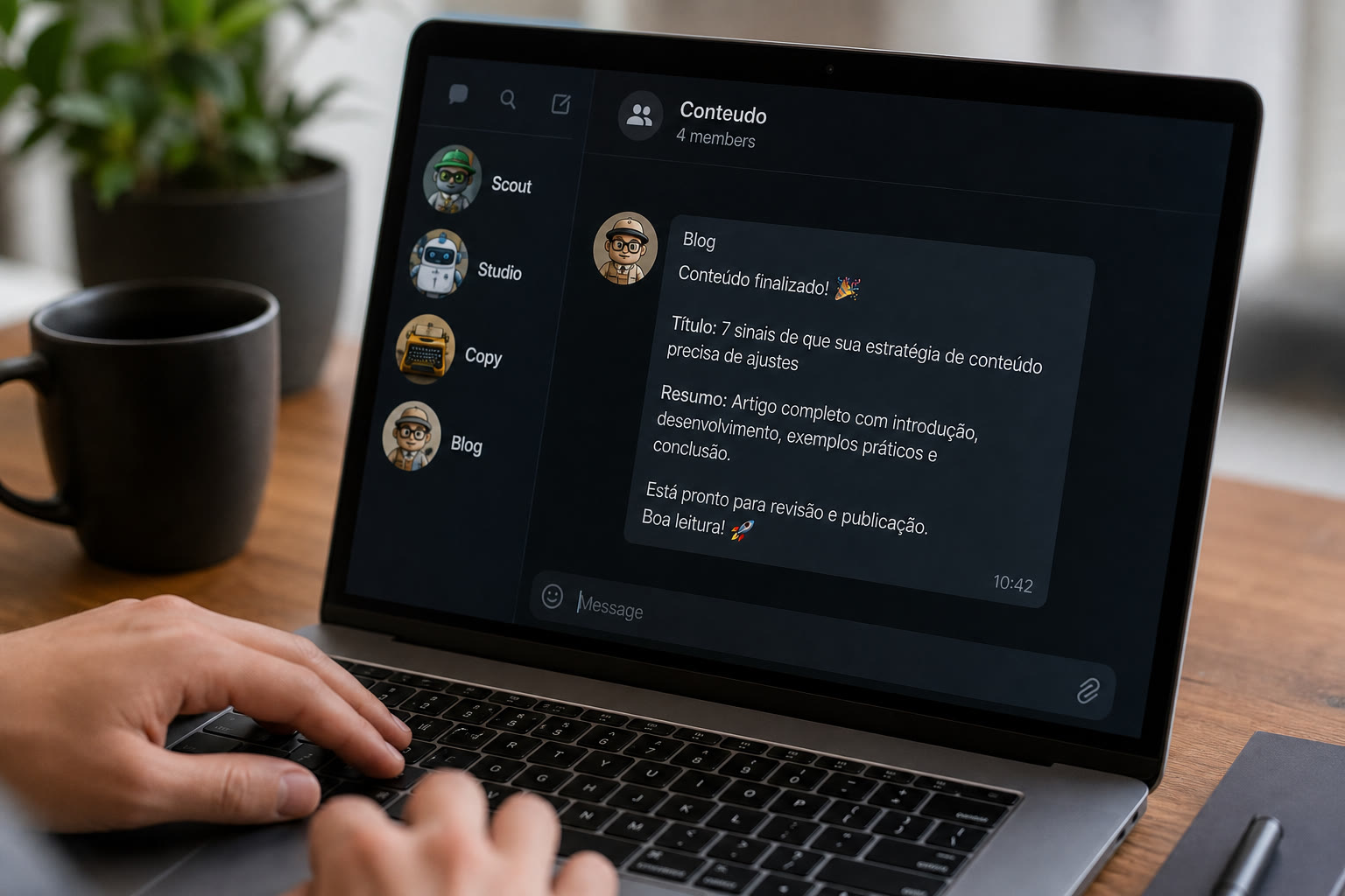 Time de bots no chat Conteúdo: Scout, Studio, Copy e Blog, com o artigo pronto pra revisão