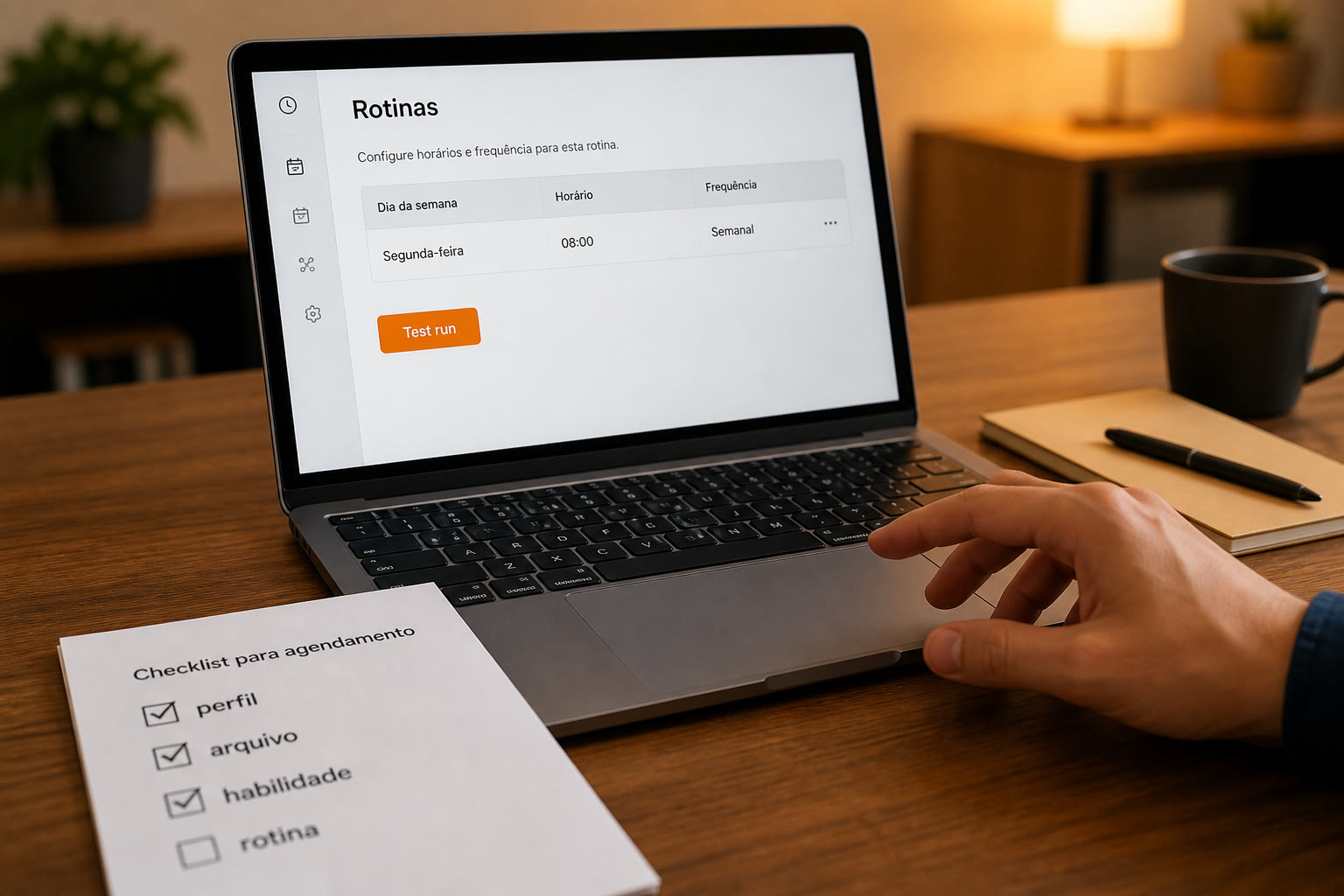 Checklist perfil, arquivo e habilidade marcados; rotina ainda em aberto, ao lado da tela de agendar rotina semanal