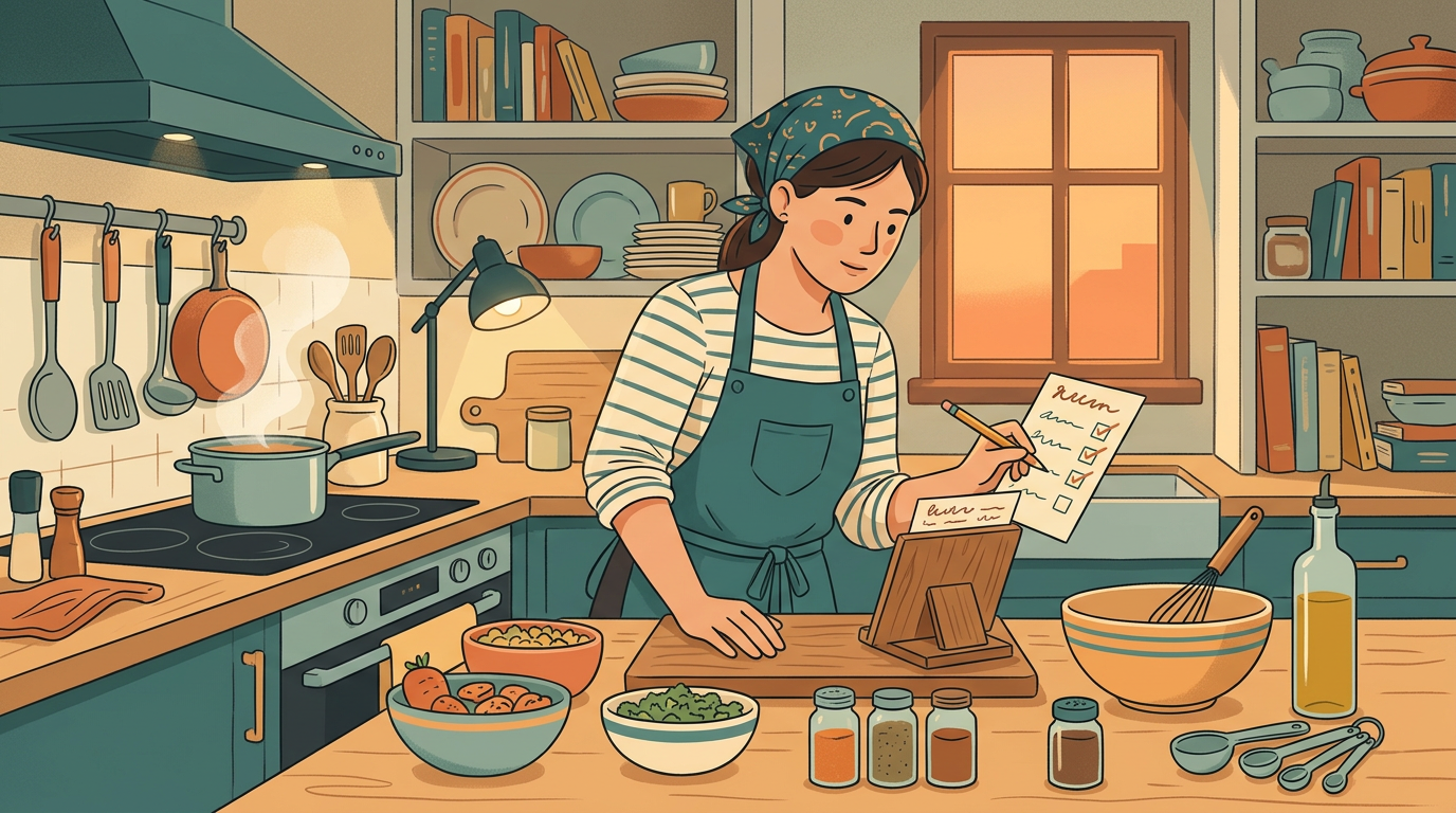 Chef numa cozinha aconchegante seguindo um cartão de receita passo a passo com ingredientes em ordem, representando as Skills como receitas de trabalho do agente