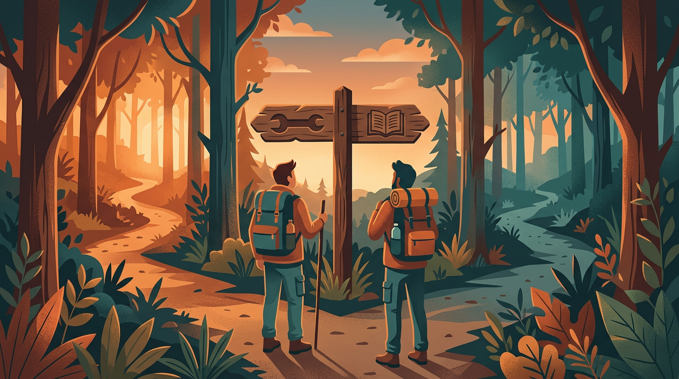 Viajante de mochila numa bifurcação na estrada diante de uma placa de madeira com dois caminhos, um com símbolo de chave inglesa e outro de livro aberto, representando a escolha entre MCP e Skills