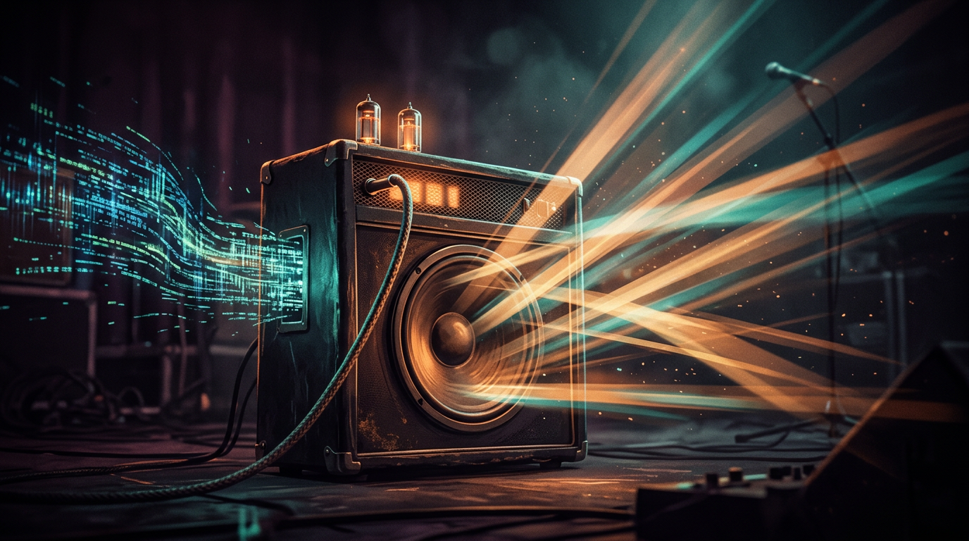Amplificador valvulado vintage brilhando em um palco escuro, com fluxos de código entrando e saindo amplificados em feixes de luz, simbolizando como agentes de IA amplificam a cultura existente do time