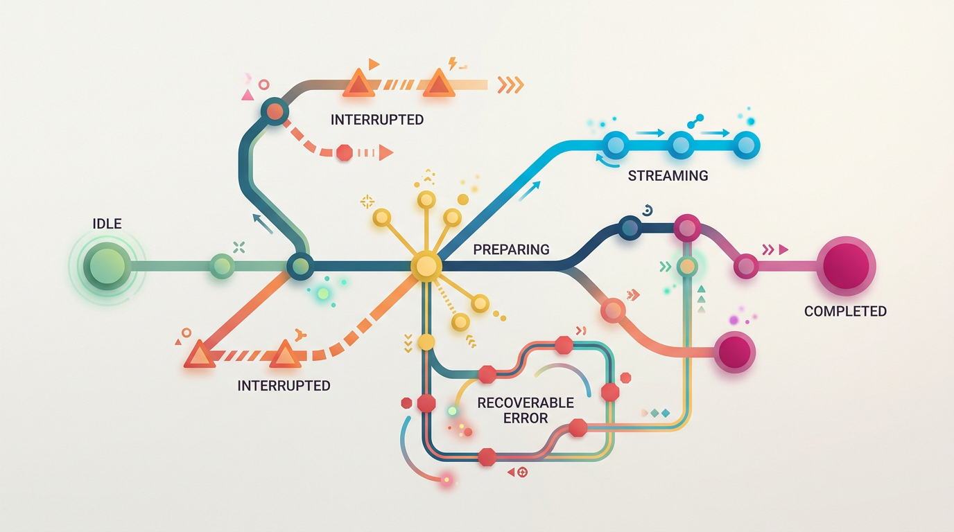Mapa visual dos estados de uma interface com IA, da espera à resposta e à recuperação de erro